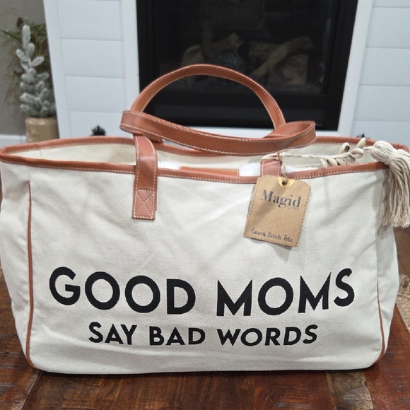 Magid Handbags - Magid Tan and Cream Tote with Playful Print GOOD MOMS SAY BAD WORDS   NWT